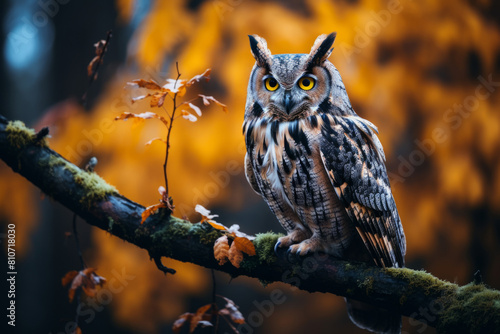 Siberian eagle owl (Bubo bubo sibiricus). Background colour is buffy-whitish. Dark pattern on upper- and under-parts is slightly expressed and has black-brownish colour. The biggest owl in the world.