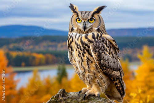 Siberian eagle owl (Bubo bubo sibiricus). Background colour is buffy-whitish. Dark pattern on upper- and under-parts is slightly expressed and has black-brownish colour. The biggest owl in the world. photo