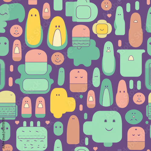 Whimsical Cartoon Characters and Shapes on Purple Background