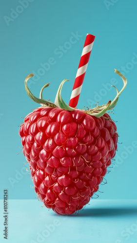 Creative Raspberry with Striped Straw on Blue Background