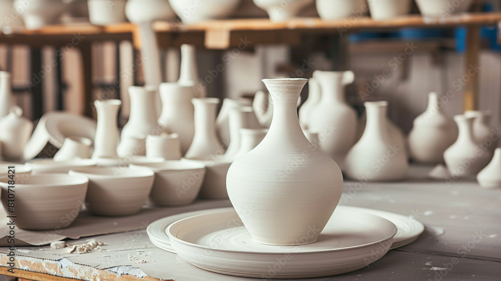 A table with many white vases and bowls on it A table with many white vases and bowls on it