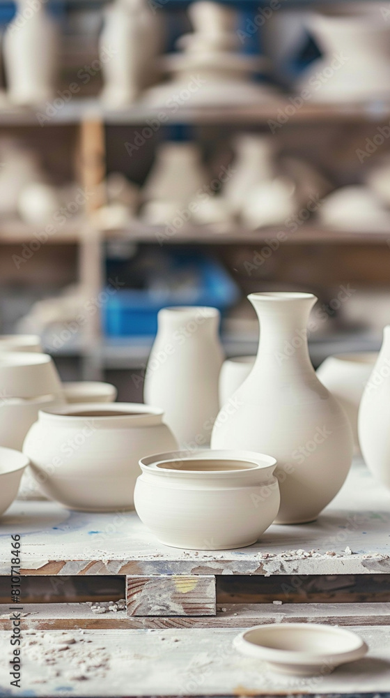A collection of white ceramic vases and bowls are displayed on a table A collection of white ceramic vases and bowls are displayed on a table