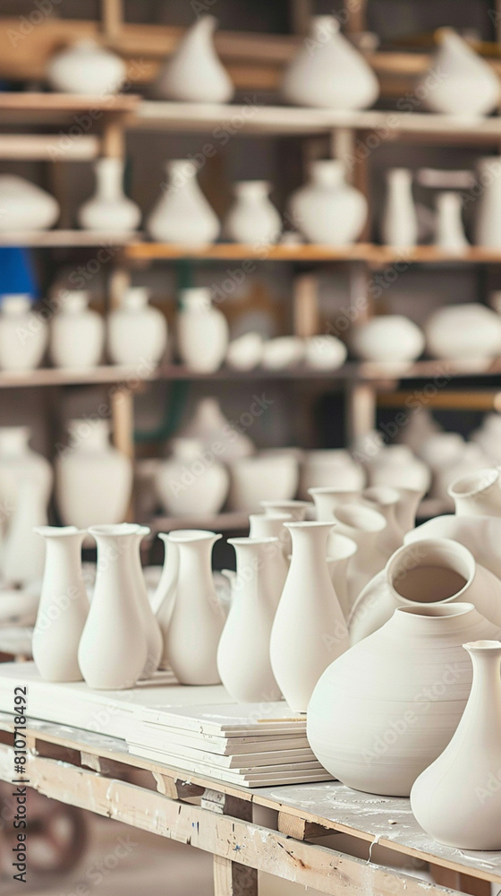 A large collection of white vases are displayed on a table A large collection of white vases are displayed on a table