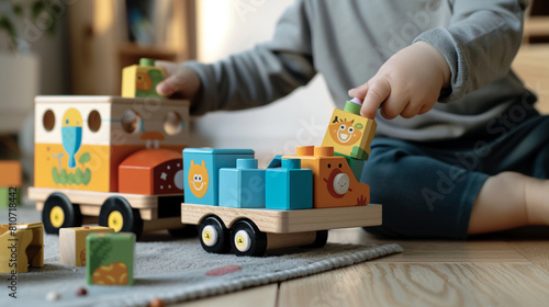 A child is playing with a wooden toy train set, which has a truck and a car photo