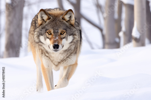 Portrait of Eurasian wolf on snow during sunny day in the forest