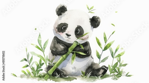 A kawaii watercolor of a panda munching bamboo  adorable and peaceful  isolated minimal with white background