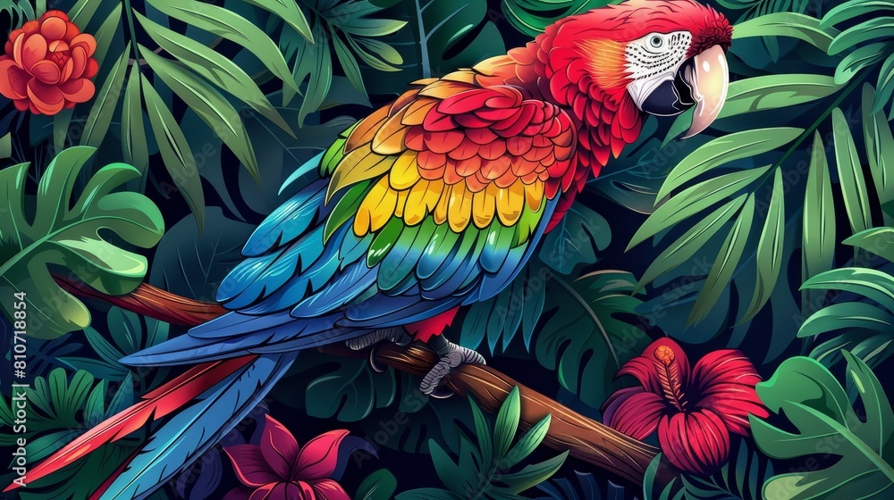 Obraz premium coloring book A multi-colored Macaw parrot sits on a branch in a lush tropical rainforest with green leaves and red flowers.