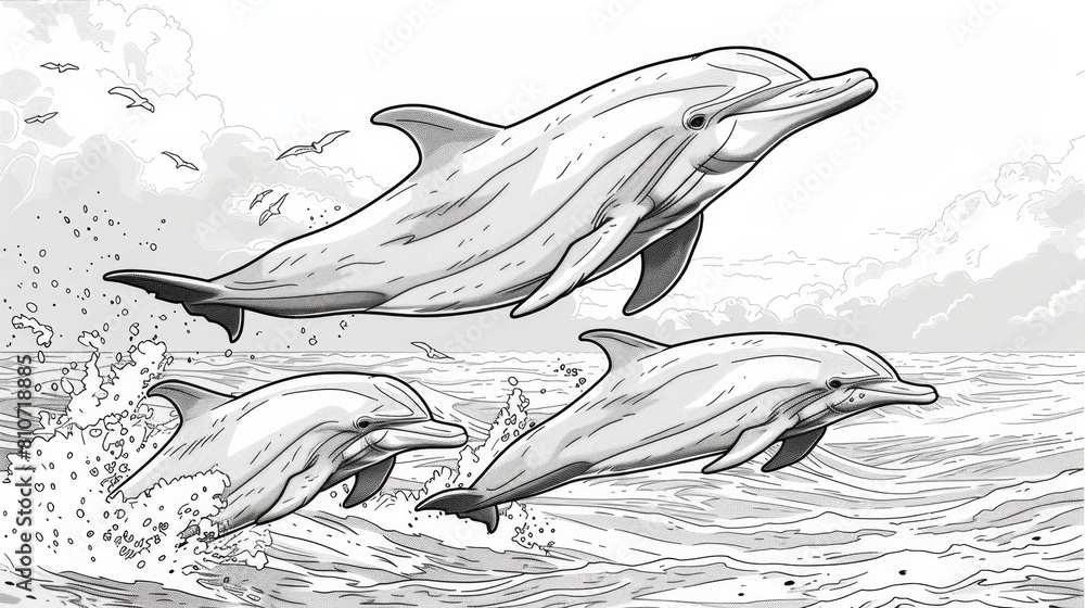 coloring book A pod of dolphins jumping out of the water. coloring book A pod of dolphins jumping out of the water.