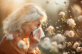 Sneezing senior woman suffering from seasonal allergy in spring in the park