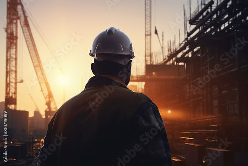 Generative AI picture Portrait of construction worker wearing a protective safety uniform clothes helmet at big building photo