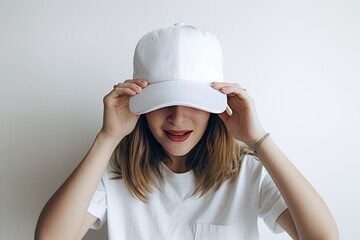 a woman wearing white trucker hat mockup