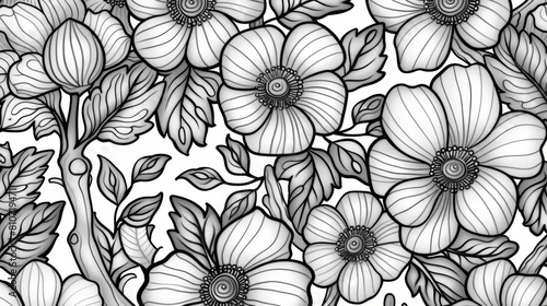 coloring book Black and white floral seamless pattern. Hand drawn flowers and leaves.