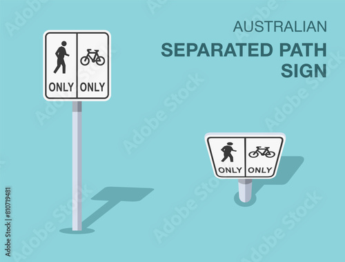 Traffic regulation rules. Isolated Australian "separated path" road sign. Front and top view. Flat vector illustration template.