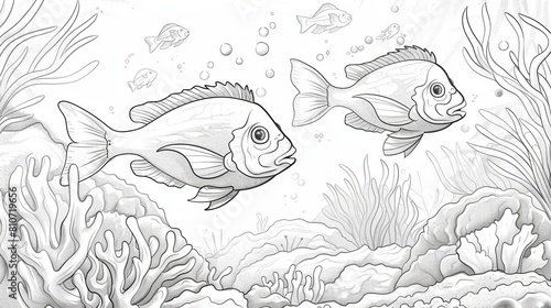 coloring book Black and white illustration of two fish swimming near coral.
