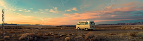 A lone traveler in a vintage van is making their way across the vast desert landscape