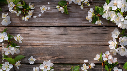 Spring background with white flowers blossoms on a wooden background.