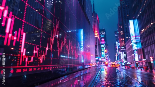 Skyline pulsing with stock market charts  neon glow over metropolitan bustle