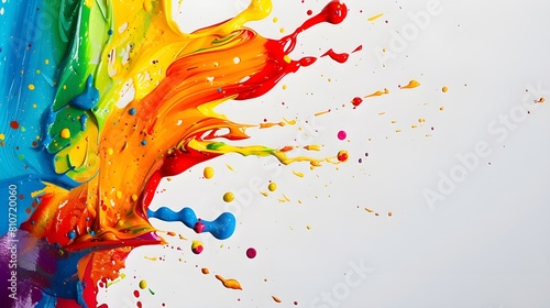 Paint and paint brush, colorful paint splatter against white background
