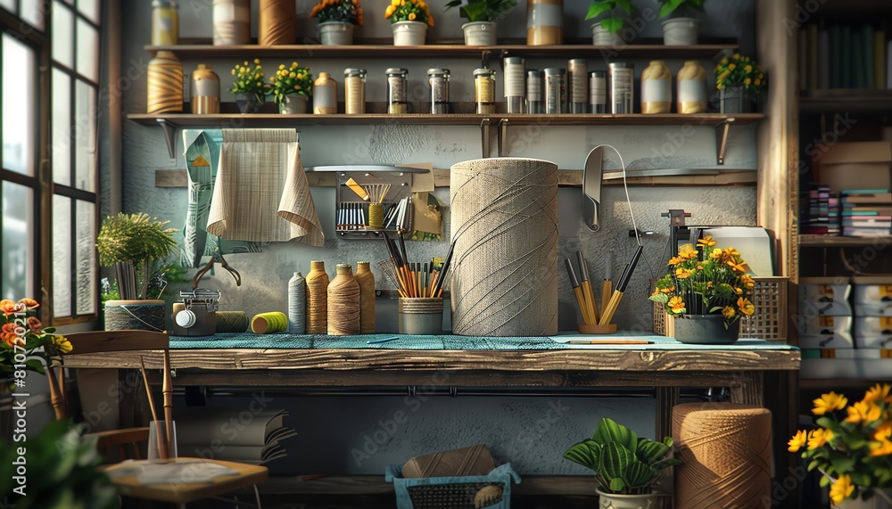 intricate details of a rear view of crafting supplies in a digital photorealistic rendering Highlight the textures of yarn, scissors, needles meticulously, CG 3D rendering, photorealistic