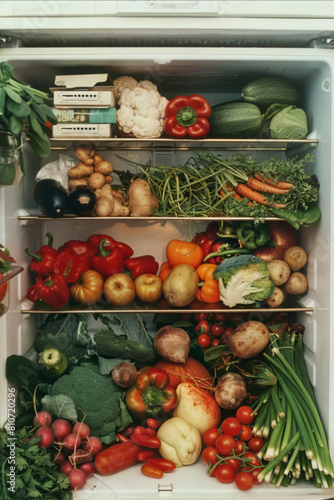 Fully Stocked Refrigerator with Fresh Vegetables and Fruits