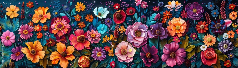 mesmerizing array of colorful flowers seen from above, intricately woven into a tapestry of fine embroidery details with rich hues and delicate textures using pen and ink