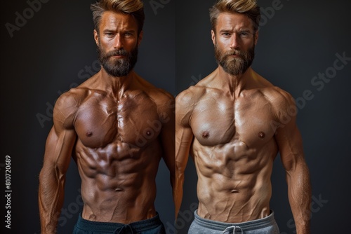 Before and after workout portraits of a muscular, bearded man