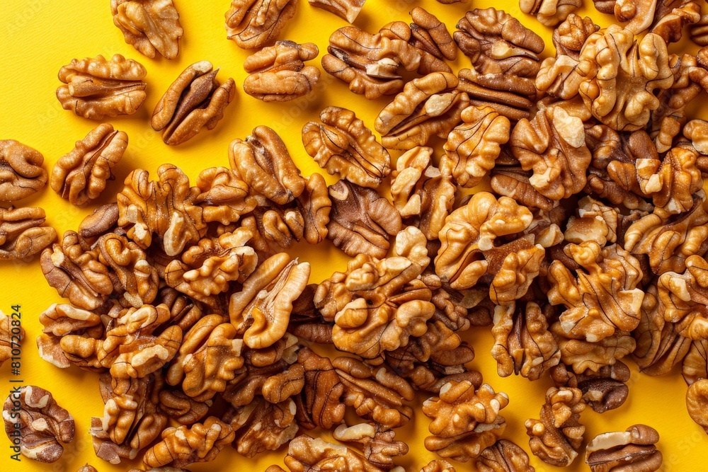 Scattered walnuts on a vibrant yellow background Scattered walnuts on a vibrant yellow background