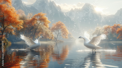 there are two swans that are standing in the water photo