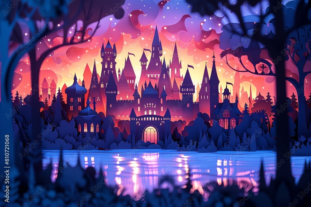 Bring a touch of magic to life through a tilted angle view of a paper crafted fairytale kingdom, featuring enchanting castles, mythical creatures, and lush landscapes intricately designed for a captiv
