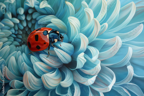 Blue Chrysanthemum flower with ladybug in close up in artistic water painting style. Summer or spring time illustration. 