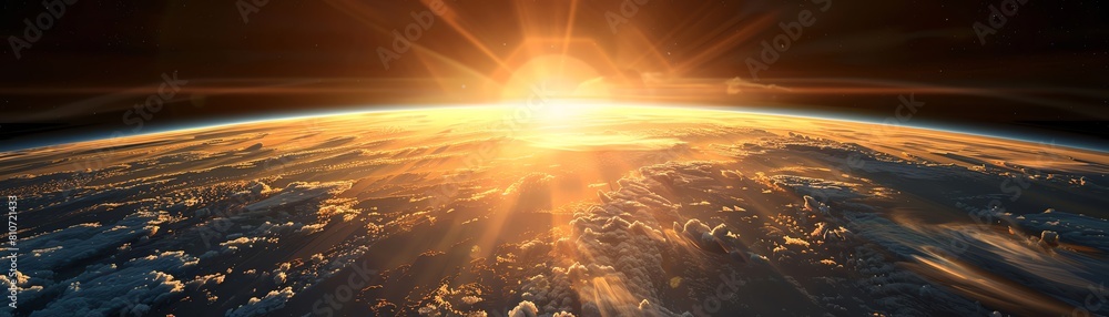 The sun rises over the Earth, casting its warm glow on the clouds below The sun rises over the Earth, casting its warm glow on the clouds below