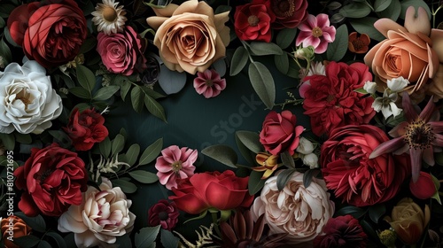 Na stole leży bukiet kwiatów składający się z różnych rodzajów kwiatów w różnych kolorach i rozmiarach