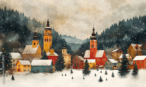 snowy scene of a village with a church and a church steeple photo