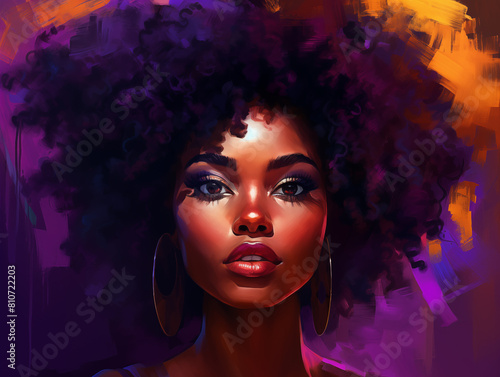 painting of a woman with a large afro with a purple background