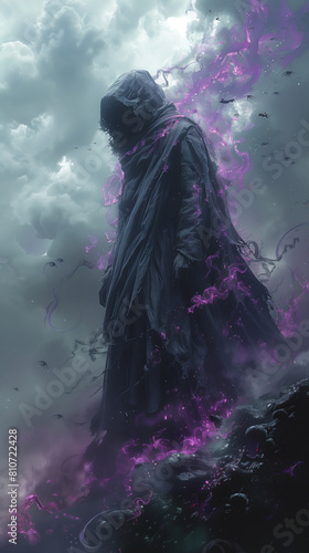 arafed man in a hooded cloak and a hoodie standing in front of a purple cloud