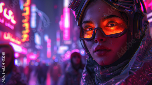cyber woman in futuristic outfit with goggles and neon lights