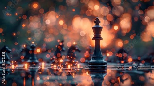 Majestic chess queen stands tall amid a bokeh of warm glowing lights photo