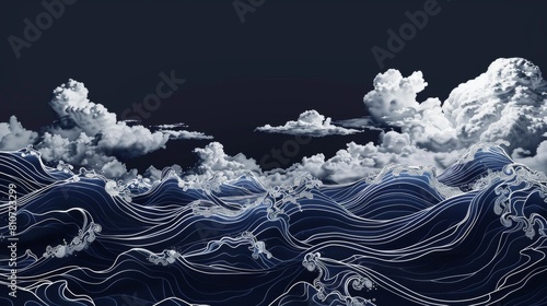 3d render, ink drawing of waves with clouds, dark blue background, white outlin. photo