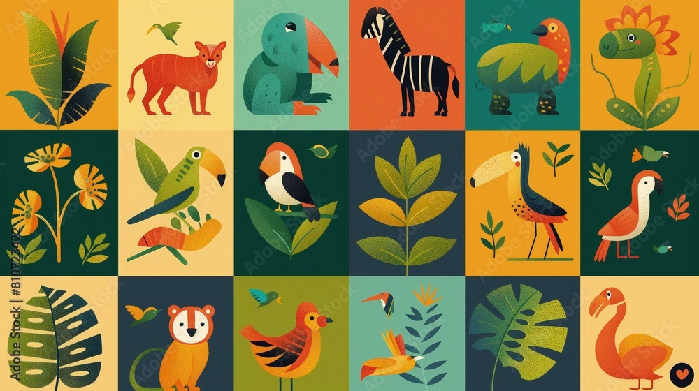 Fototapeta premium Na ilustracji widzimy grupę różnych typów zwierząt i roślin. Zwierzęta wydają się bawić i eksplorować otoczenie, podczas gdy rośliny rosną w różnych kształtach i kolorach