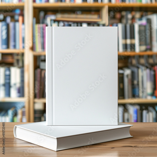 Mockup of a new book with blank white cover in modern neat style on a wooden desk with a library and wooden bookshelves background. Square template for social media post for books and advertisement.