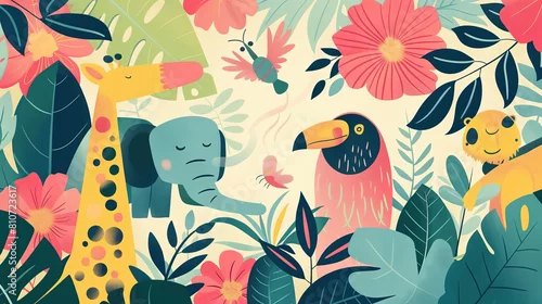 Obraz Na obrazie znajdują się dwie żyrafy oraz ptak. Jedna z żyraf biegnie, a druga stoi spokojnie obok niej. Ptak jest w locie