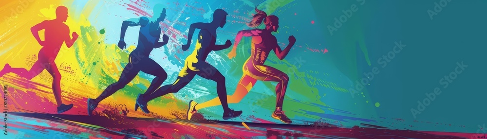 Futuristic illustration Pop art color of athletes competing on World Health Day