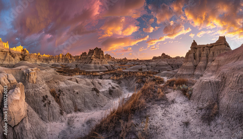 panoramic photo of the badlands at sunrise, beautiful sky