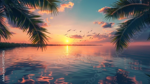 Encapsulates a serene morning by a serene lake, framed by lush palm trees and illuminated by a gentle sunrise. Flocks of birds add a dynamic element to a peaceful scene