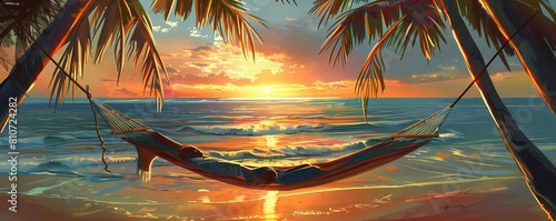 summer beach picnic hammock illustration with palm trees in the background