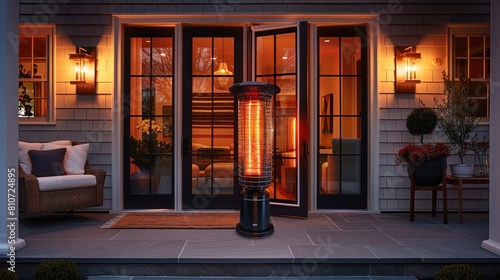 Twilight warmth from a compact outdoor heater near a home's glass door photo