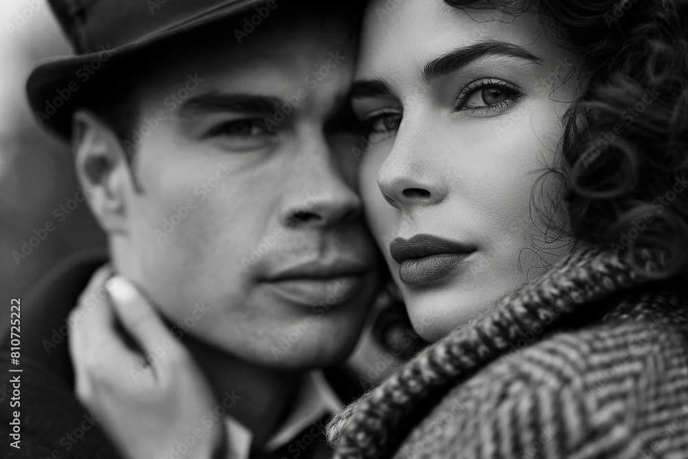 Retro video film noir visually stunning composition of young pretty couple black white concept generative Ai