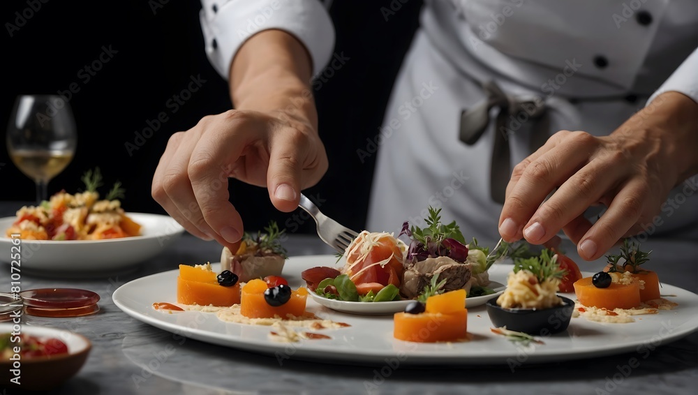 Close-up of Hand Chef is decorating luxury appetizer on with plate. Ai Generative.