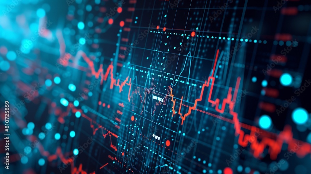Detailed analysis display: investment trading metrics and trends on stock market graph chart with indicators - Financial monitoring close-up view Detailed analysis display: investment trading metrics and trends on stock market graph chart with indicators - Financial monitoring close-up view