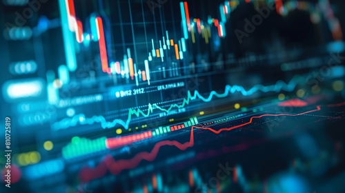 Detailed analysis display: investment trading metrics and trends on stock market graph chart with indicators - Financial monitoring close-up view